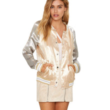 European Satin Bomber Jacket O Neck Long Sleeve Button Up Women Basic Coats BF Patchwork Baseball Jackets Women