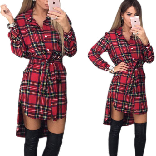Explosions Asymmetrical Vintage Dresses Fall Women Plaid Print Dress Casual Shirt Dress Mini Vestidos GV426