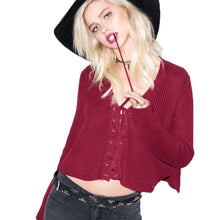 Fall Lace Up Knitwear Sweater Crop Top Loose Long Sleeve Pull Femme Knitted Pullovers Women Vintage Cropped Sweater