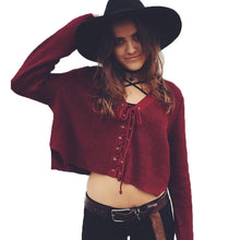 Fall Lace Up Knitwear Sweater Crop Top Loose Long Sleeve Pull Femme Knitted Pullovers Women Vintage Cropped Sweater