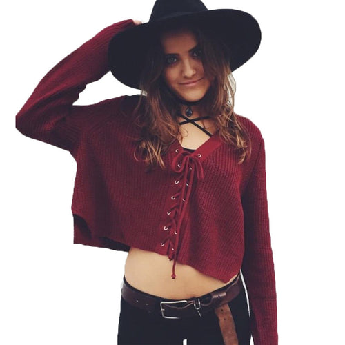 Fall Lace Up Knitwear Sweater Crop Top Loose Long Sleeve Pull Femme Knitted Pullovers Women Vintage Cropped Sweater