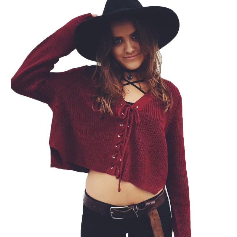Fall Lace Up Knitwear Sweater Crop Top Loose Long Sleeve Pull Femme Knitted Pullovers Women Vintage Cropped Sweater