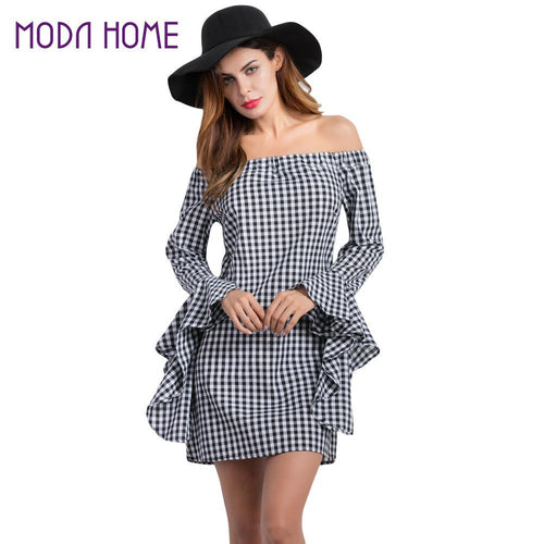 fall-fashion-women-off-the-shoulder-dress-plaid-pattern-slash-neck-irregular-flare-sleeves-mini-dress-black-tunique-femme BBL