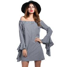 fall-fashion-women-off-the-shoulder-dress-plaid-pattern-slash-neck-irregular-flare-sleeves-mini-dress-black-tunique-femme BBL