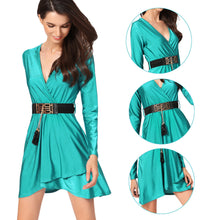 fall-fashion-women-v-neck-dress-cross-high-low-hem-vestidos-tassel-fringe-belted-dress-stretchy-mini-a-line-dress-turquoise BBL