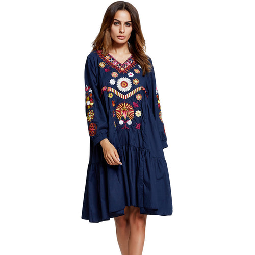 fall-women-boho-dress-floral-embroidery-ruched-v-neck-racial-dress-long-sleeve-vintage-dress-loose-fit-blue-white BBL