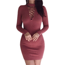 Knitted Bodycon Dress Long Sleeve Lace Up Bandage Sexy Plugging Sweater Dress Party Vestidos GV373