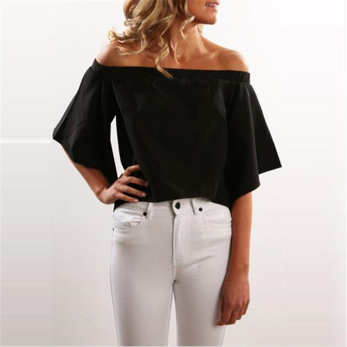 Back Open Off Shoulder Women Blouses And Shirts Sexy Slash Neck Chiffon Blouse Irregular Shirts Women Solid Color