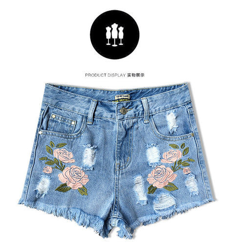 Embroidery Denim Shorts Floral High Waist Jeans Short Femme Frayed Hole Shorts For Women Plus Size Shorts