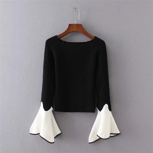 Flare Sleeve Women Sweaters And Pullovers Patchwork Knitted Pull Femme O Neck Pullover Women Jumper