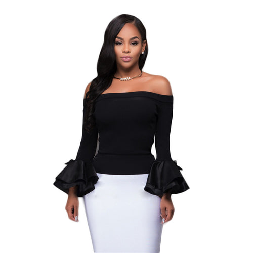Flare Sleeve Women Tops Sexy Off Shoulder Tee Shirt Femme Slim Top Tees Black T Shirts For Women Long Sleeve Tunic