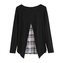 fashion-kpop-women-faux-two-piece-t-shirt-plaid-v-cutout-splicing-round-neck-tee-shirts-long-sleeve-top-black-ropa-mujer BBL
