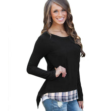 fashion-kpop-women-faux-two-piece-t-shirt-plaid-v-cutout-splicing-round-neck-tee-shirts-long-sleeve-top-black-ropa-mujer BBL