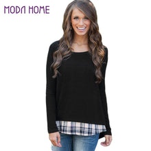 fashion-kpop-women-faux-two-piece-t-shirt-plaid-v-cutout-splicing-round-neck-tee-shirts-long-sleeve-top-black-ropa-mujer BBL