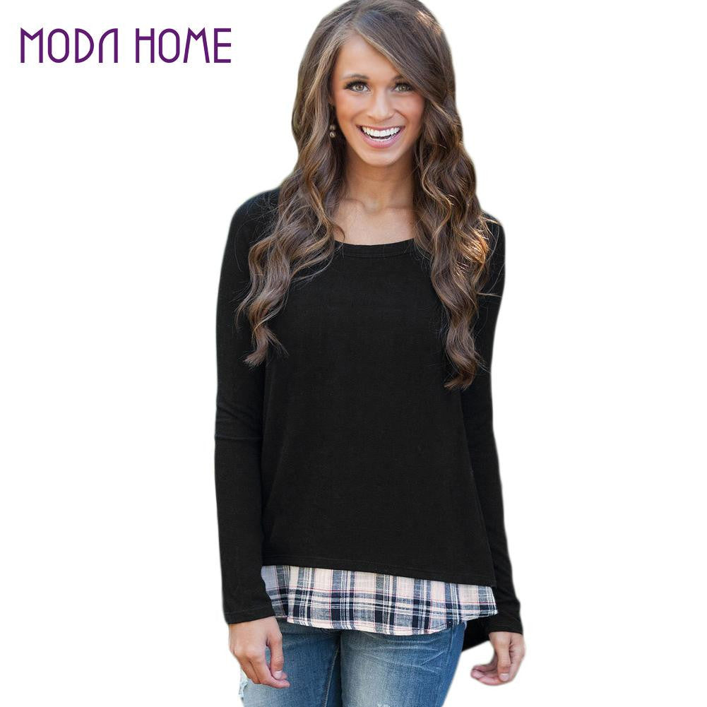 fashion-kpop-women-faux-two-piece-t-shirt-plaid-v-cutout-splicing-round-neck-tee-shirts-long-sleeve-top-black-ropa-mujer BBL