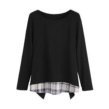 fashion-kpop-women-faux-two-piece-t-shirt-plaid-v-cutout-splicing-round-neck-tee-shirts-long-sleeve-top-black-ropa-mujer BBL