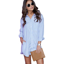 Long Sleeve Turn Down Collar Women Shirts Black White Sexy Loose Long Shirt Blue Striped Blouse With Pockets