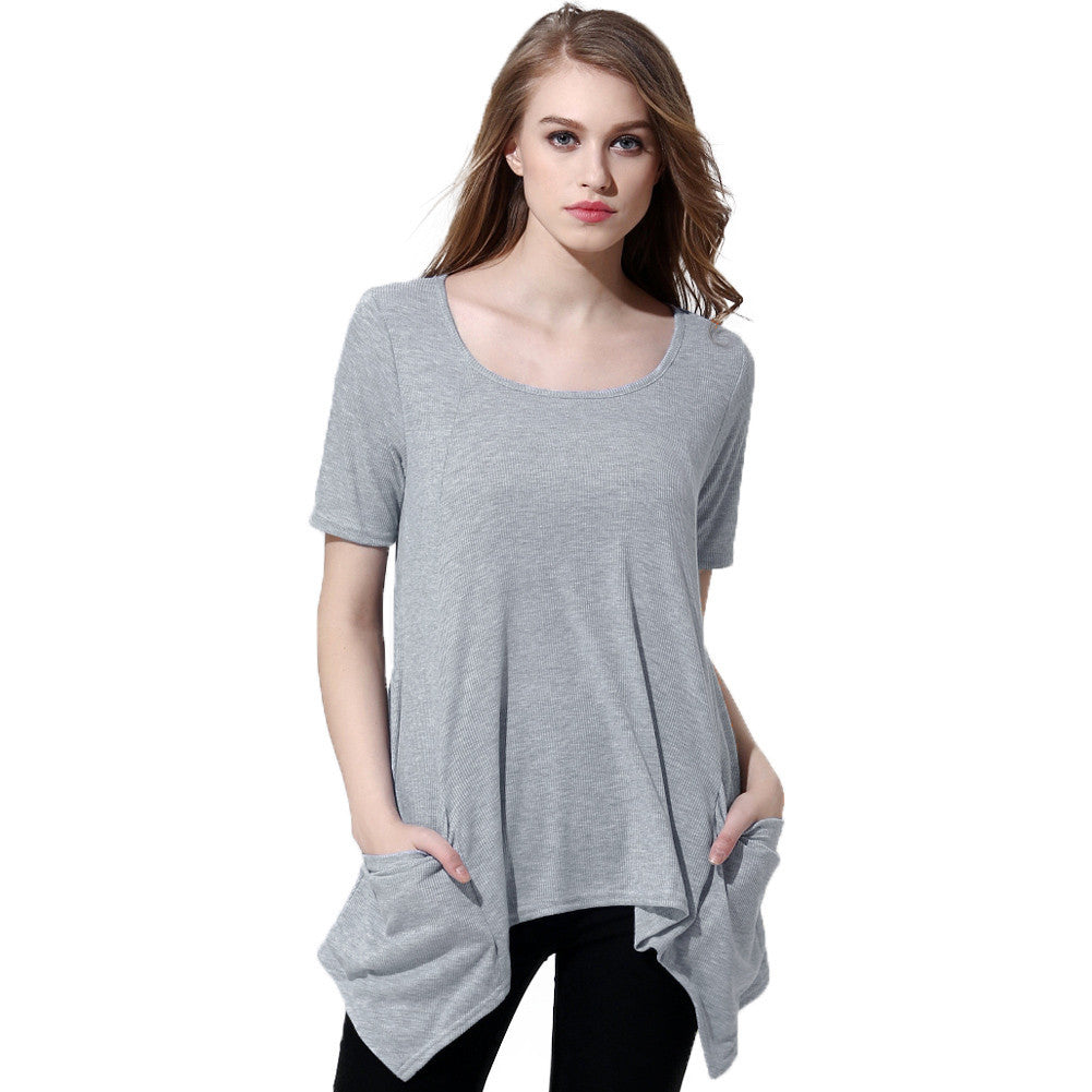 tshirt-women-knitting-overtop-o-neck-short-sleeves-pockets-asymmetric-hem-casual-pullover-women-tops-grey BBL