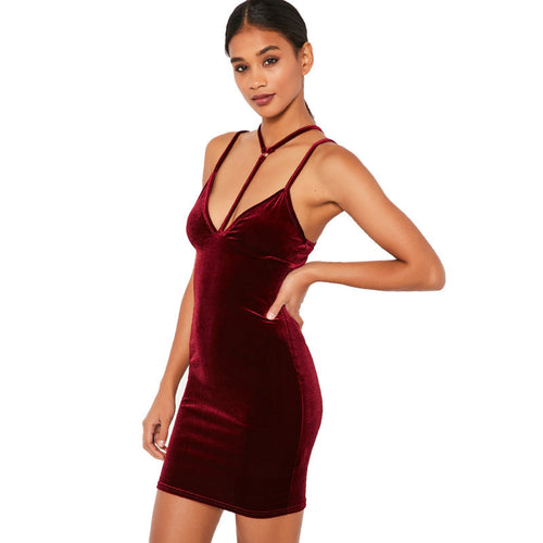 Velvet Strap Party Dresses Sexy Bodycon Dress Slim Backless Night Party Club Dresses Women V Neck Robe Femme