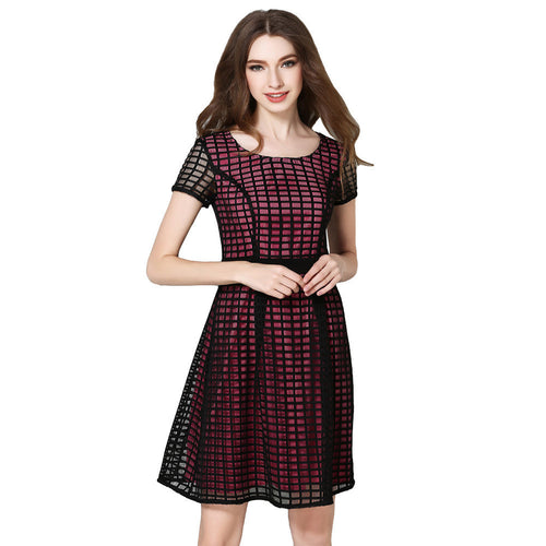 women-dress-plaid-check-hollow-out-o-neck-elegant-evening-party-dress-short-sleeve-slim-ol-a-line-dress BBL