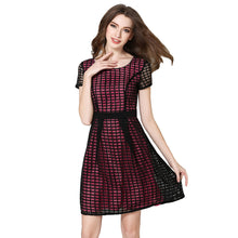 women-dress-plaid-check-hollow-out-o-neck-elegant-evening-party-dress-short-sleeve-slim-ol-a-line-dress BBL