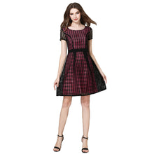 women-dress-plaid-check-hollow-out-o-neck-elegant-evening-party-dress-short-sleeve-slim-ol-a-line-dress BBL