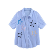 women-shirt-plus-size-cotton-blouse-stripe-turn-down-collar-button-closure-short-sleeve-embroidery-blusas-blue BBL