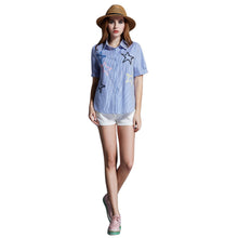 women-shirt-plus-size-cotton-blouse-stripe-turn-down-collar-button-closure-short-sleeve-embroidery-blusas-blue BBL