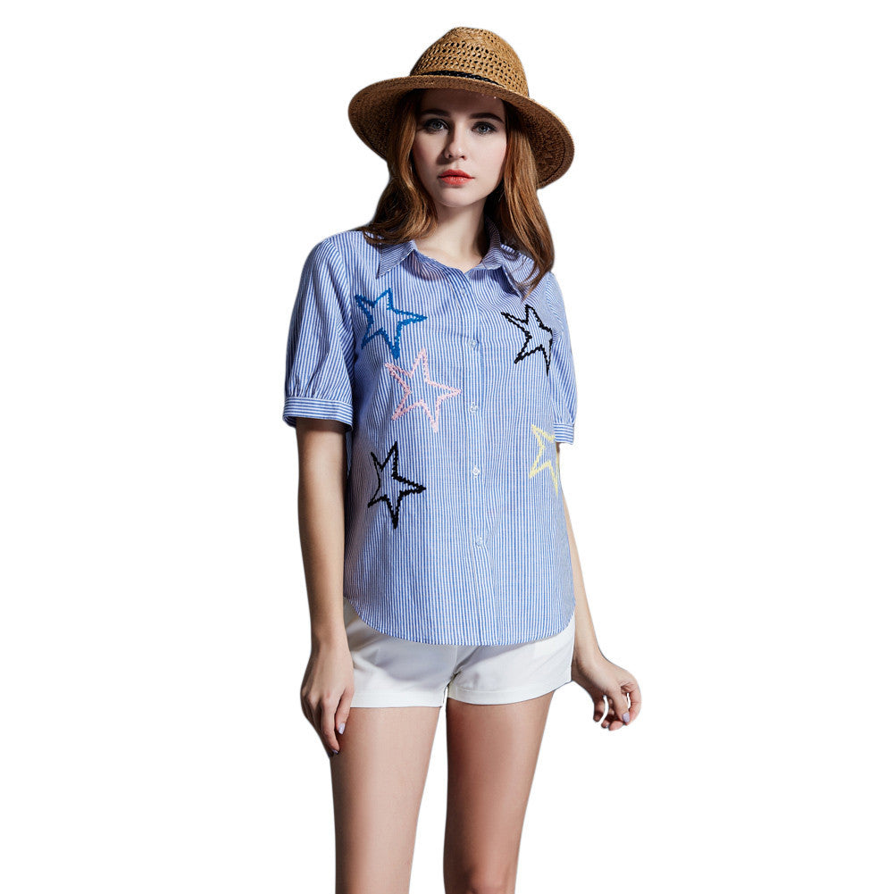 women-shirt-plus-size-cotton-blouse-stripe-turn-down-collar-button-closure-short-sleeve-embroidery-blusas-blue BBL