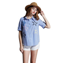 women-shirt-plus-size-cotton-blouse-stripe-turn-down-collar-button-closure-short-sleeve-embroidery-blusas-blue BBL