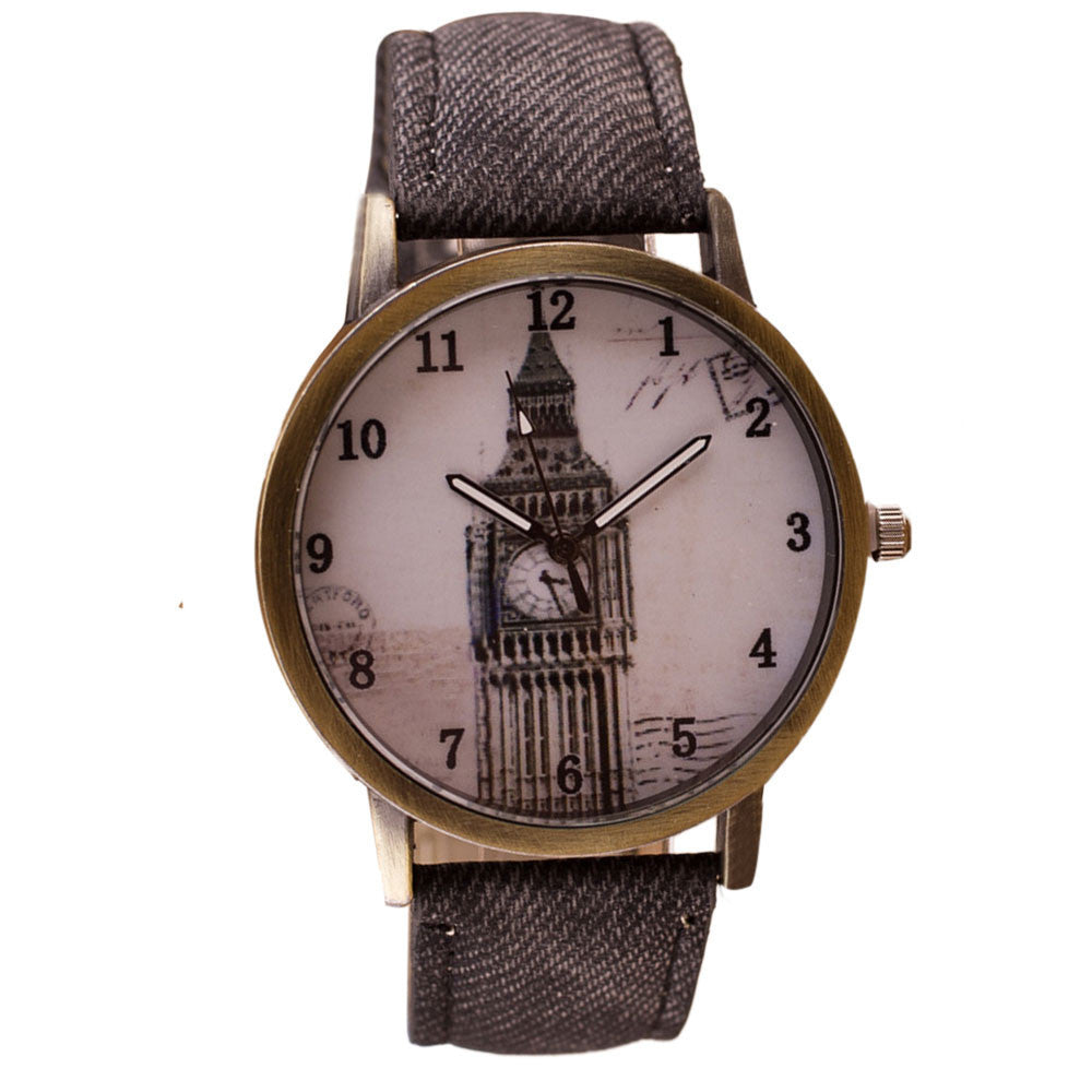 Fashion Women Wristwatch Tower Pattern Retro Clock Quartz Analog Watch Cowboy Leather Band Women Dress Relogio Ladies Clock