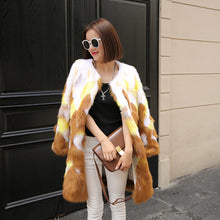 Gradual Contrast color Long Hairy Shaggy Faux Fox Fur Coat Women O Neck Faux Fur Mid Long Coats Warm Outerwear