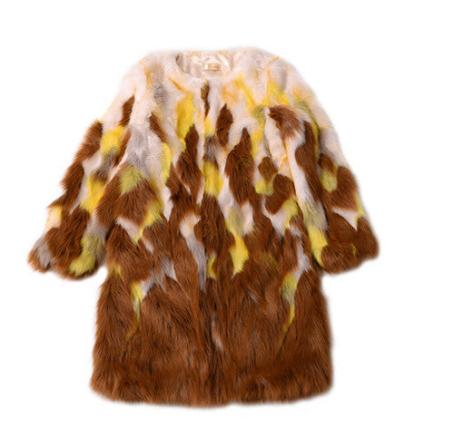 Gradual Contrast color Long Hairy Shaggy Faux Fox Fur Coat Women O Neck Faux Fur Mid Long Coats Warm Outerwear