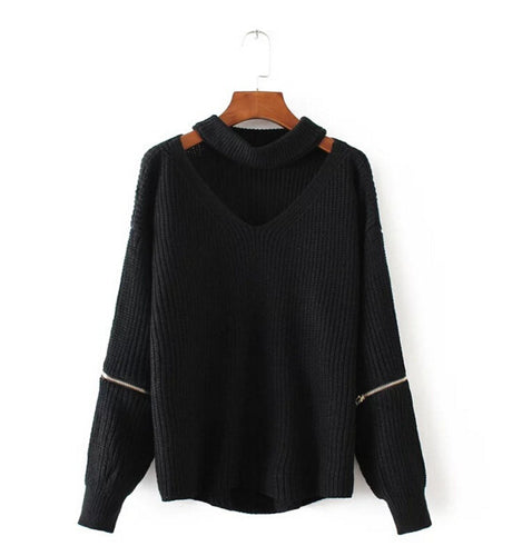 Halter neck Vertical stripes line Knitted Sleeve Zipper Sweater Woman Hollow out Neck Knitted Pullover Sweater 3 colors