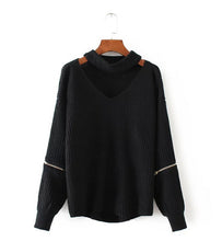 Halter neck Vertical stripes line Knitted Sleeve Zipper Sweater Woman Hollow out Neck Knitted Pullover Sweater 3 colors