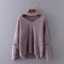 Halter neck Vertical stripes line Knitted Sleeve Zipper Sweater Woman Hollow out Neck Knitted Pullover Sweater 3 colors