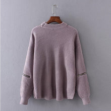 Halter neck Vertical stripes line Knitted Sleeve Zipper Sweater Woman Hollow out Neck Knitted Pullover Sweater 3 colors