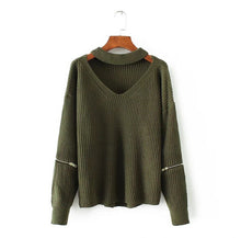 Halter neck Vertical stripes line Knitted Sleeve Zipper Sweater Woman Hollow out Neck Knitted Pullover Sweater 3 colors