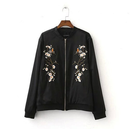 Harajuku Bird Plum Flower Embroidery Jacket Women Contrast color Floral Bomber Jacket Coat Pilots Outerwear Black
