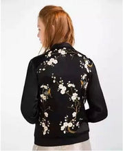 Harajuku Bird Plum Flower Embroidery Jacket Women Contrast color Floral Bomber Jacket Coat Pilots Outerwear Black