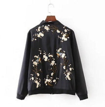 Harajuku Bird Plum Flower Embroidery Jacket Women Contrast color Floral Bomber Jacket Coat Pilots Outerwear Black
