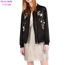 Harajuku Bird Plum Flower Embroidery Jacket Women Contrast color Floral Bomber Jacket Coat Pilots Outerwear Black