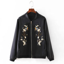 Harajuku Bird Plum Flower Embroidery Jacket Women Contrast color Floral Bomber Jacket Coat Pilots Outerwear Black