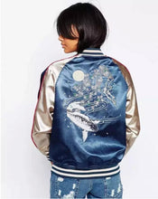 Harajuku Fish Flower Embroidery Jacket Women Contrast color Sleeve Bomber Jacket Coat Pilots Couple Outerwear