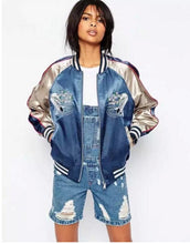 Harajuku Fish Flower Embroidery Jacket Women Contrast color Sleeve Bomber Jacket Coat Pilots Couple Outerwear
