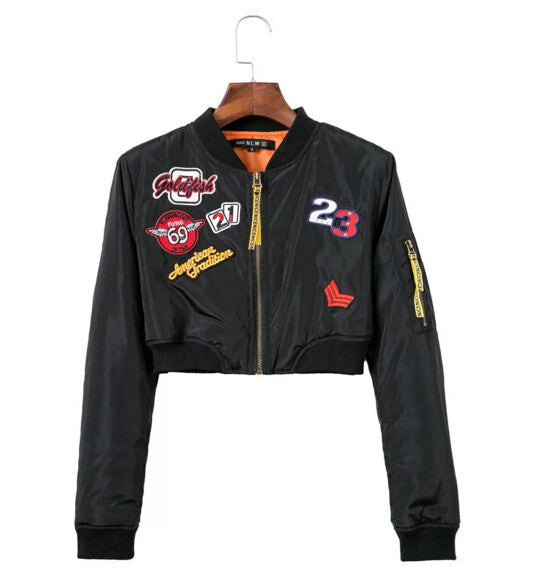 Harajuku Letter Appliques Embroidery Short Jacket Yokosuka Women V Neck Bomber Pilots Jacket Coat Pilots Outerwear