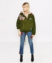 Red Rose Flower 3D Appliques Embroidery Pike Jacket Army Green