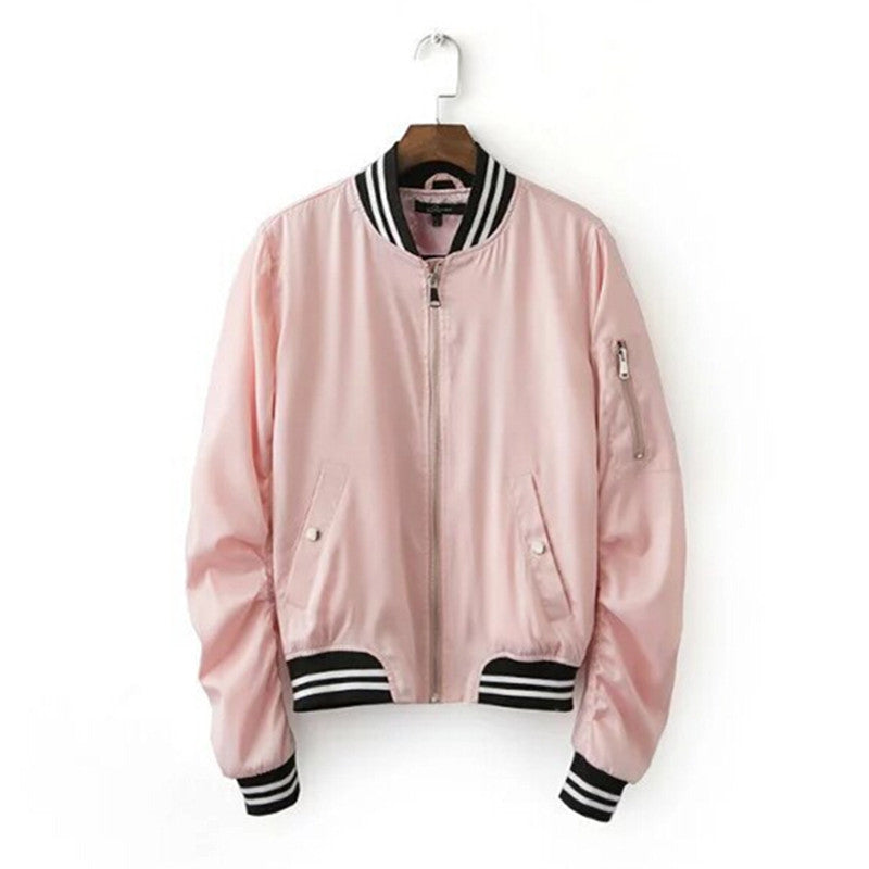 Harajuku Thin Pink Jacket Women Spliced Knitted V neck Cuff Bomber Jacket Coat Pilots Outerwear Pink color s m l
