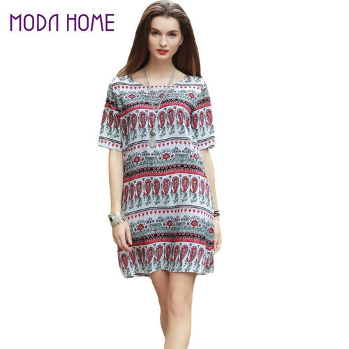 women-boho-dress-tribal-print-sundress-short-sleeve-mini-dress-o-neck-casual-beach-dress-red-vestidos BBL