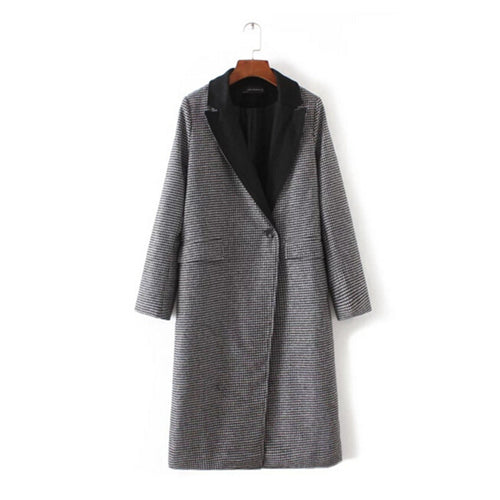 Houndstoo Plaid Wool blend Trench Women Spliced Black Lapel Long sleeve one button Long Windbreaker Coat Outerwear